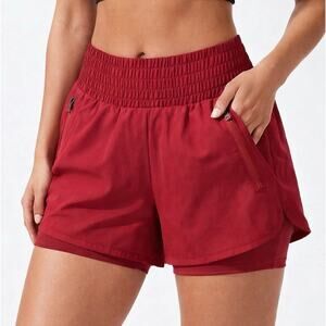 Women’s 2 in 1 Athletic Shorts Red High Waisted Lined Zip Pockets Size M